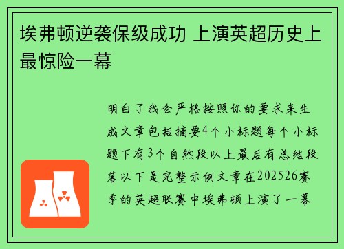 埃弗顿逆袭保级成功 上演英超历史上最惊险一幕