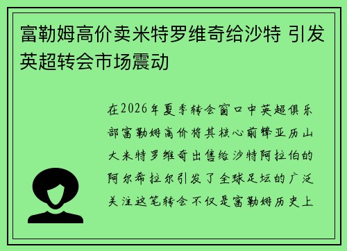 富勒姆高价卖米特罗维奇给沙特 引发英超转会市场震动