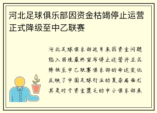 河北足球俱乐部因资金枯竭停止运营正式降级至中乙联赛 河北足球俱乐部因资金枯竭停止运营正式降级至中乙联赛