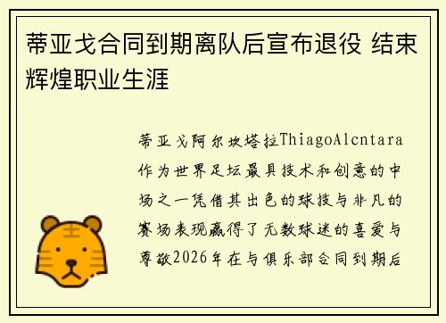 蒂亚戈合同到期离队后宣布退役 结束辉煌职业生涯